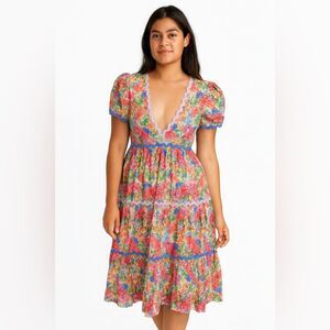 NEW Aureum Floral Print Cottage Core Rick Rack Trim Midi Dress, XS